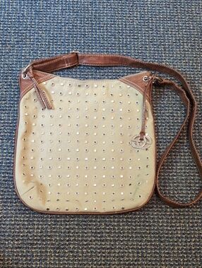 Studded Beige Crossbody Bag with Brown Trim